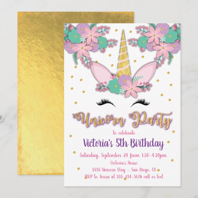Gold Unicorn Floral Anniversaire Fête Invitation (Devant / Derrière)