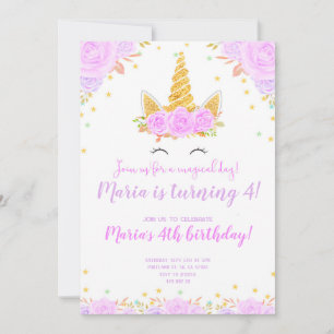 Gold Unicorn visage floral Anniversaire Invitation