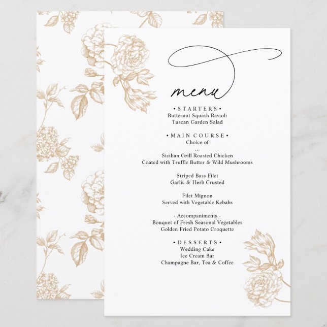 Gold Vintage Floral Modern Script Wedding Menu (Devant / Derrière)