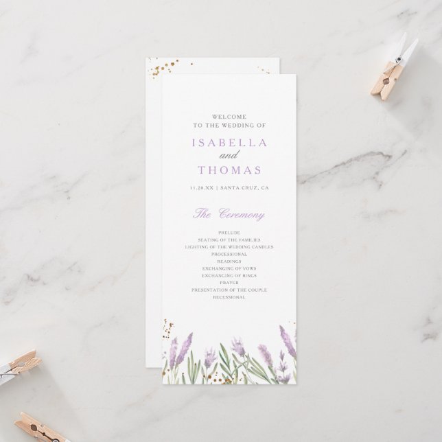 Gold & Watercolor Lavender Floral Wedding Program (Devant/Arrière en situation)