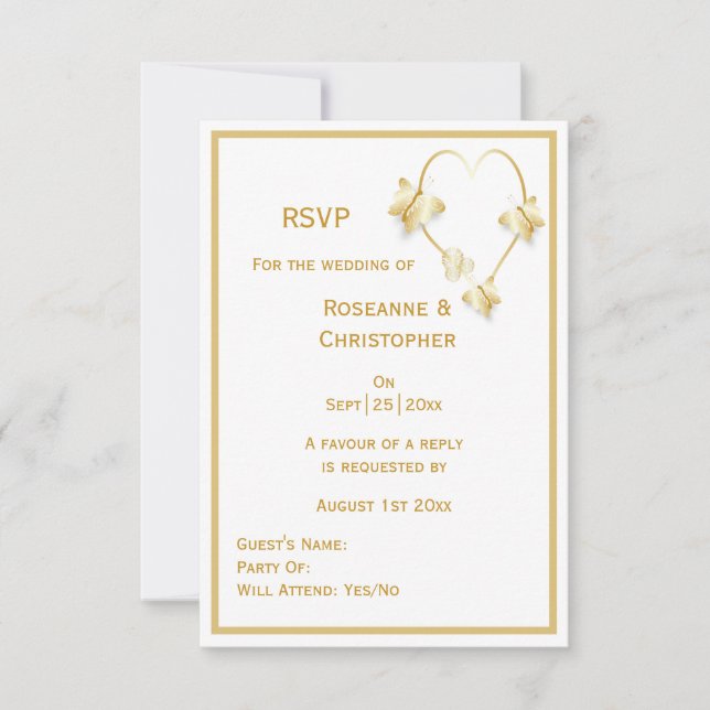 Gold Wedding Carte RSVP Papillons Coeur (Devant)