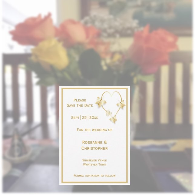Gold Wedding Enregistrer La Date Invitation Papill (Gold wedding save the date invitation butterflies heart design)