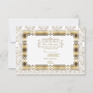 Gold White Art Déco Gatsby 20s Style Wedding RSVP