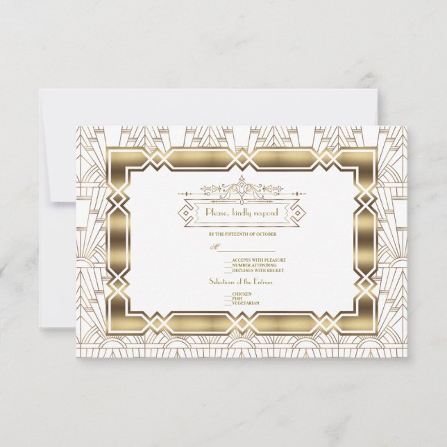 Gold White Art Déco Gatsby 20s Style Wedding RSVP (Devant)