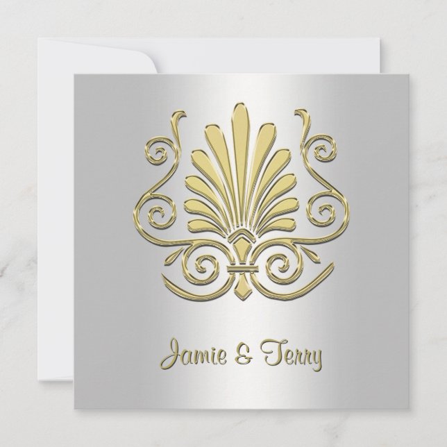 Gold White Art Deco Mariage damassé Invitation 2 (Devant)