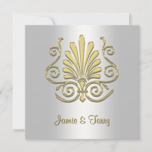 Gold White Art Deco Mariage damassé Invitation 2
