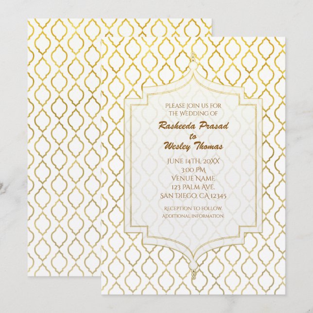 Gold & White Elegant Marocain Mariage Invitations (Devant / Derrière)