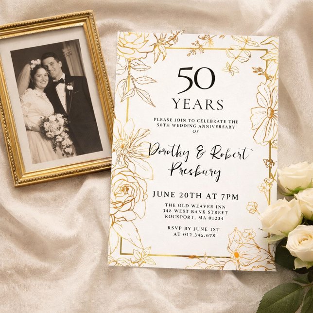 Gold White Floral Invitation du 50e anniversaire (Créateur téléchargé)