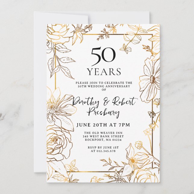 Gold White Floral Invitation du 50e anniversaire (Devant)