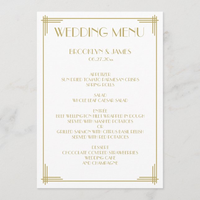 Gold White Great Gatsby Art Deco Menu Mariage (Devant)