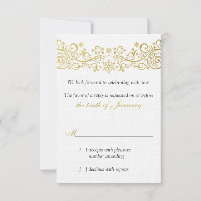 Gold White Snowflake Floral Wedding RSVP Réponse (Devant)