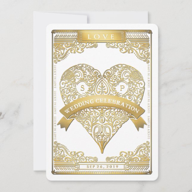 Gold White Vegas Jouer Carte Coeur Mariage Invitat (Devant)