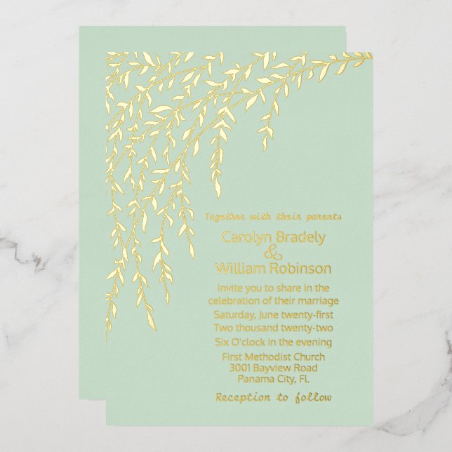 Gold Willows Mint Green Mariage Foil Invitation (Recto/Verso)