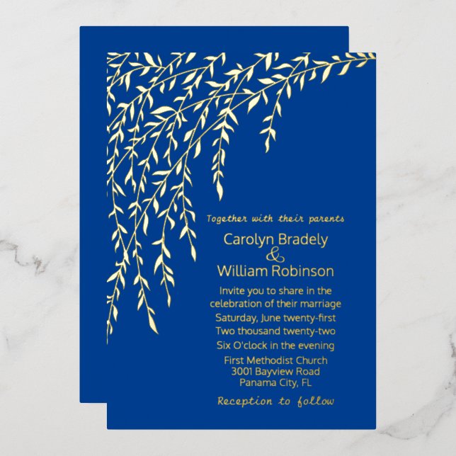 Gold Willows Royal Blue Mariage Foil Invitation (Recto/Verso)