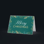 Gold Winter Greenery Carte de Noël Turquoise<br><div class="desc">Cette carte de Noël élégante est une excellente façon d'envoyer un message de voeux de vacances à la famille et aux amis. L'avant est orné de verdure dorée sur un arrière - plan turquoise foncé. Texte élégant : "Joyeux Noël". Ajoutez votre propre message personnalisé à l'intérieur ou utilisez l'exemple de...</div>