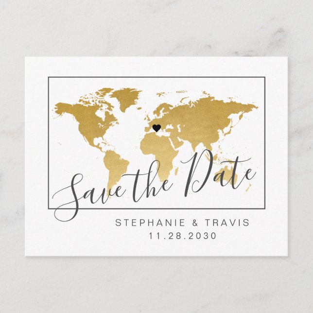 Gold World Map Minimal Enregistrer la date Carte p (Devant)