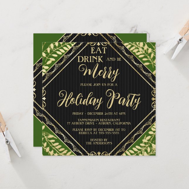 Gold Wreath et Green Holiday Party Invitation (Devant/Arrière en situation)