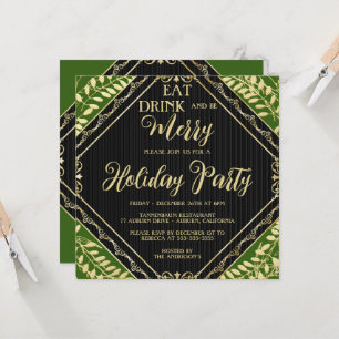Gold Wreath et Green Holiday Party Invitation