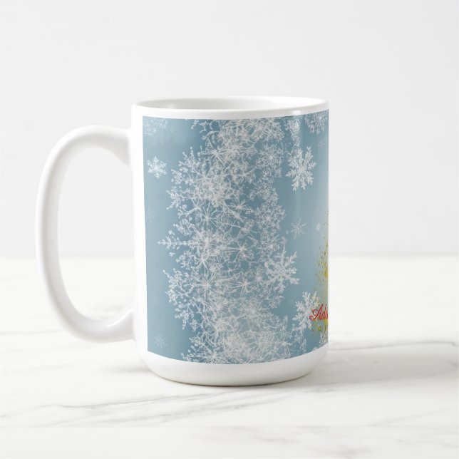 Gold Xmas Tree Mug with Snowflakes – Customizable  (Gauche)