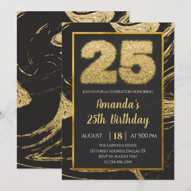 Golden 25th Birthday Invitation (Devant / Derrière)