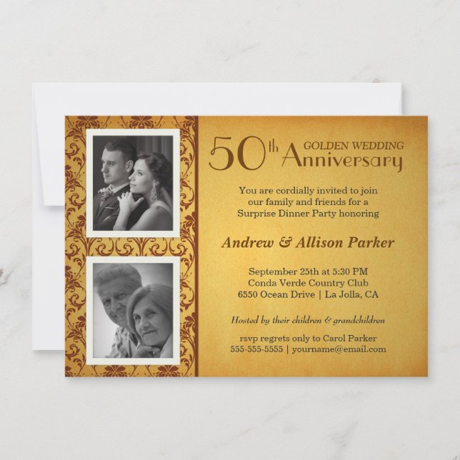 Golden Anniversary Damask 2 Photos Invitation (Devant)
