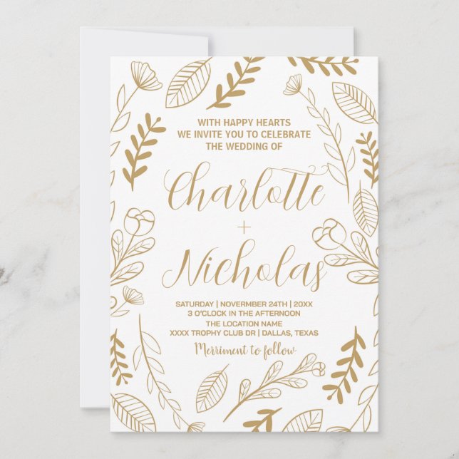 Golden Art White Wedding Invitations (Devant)