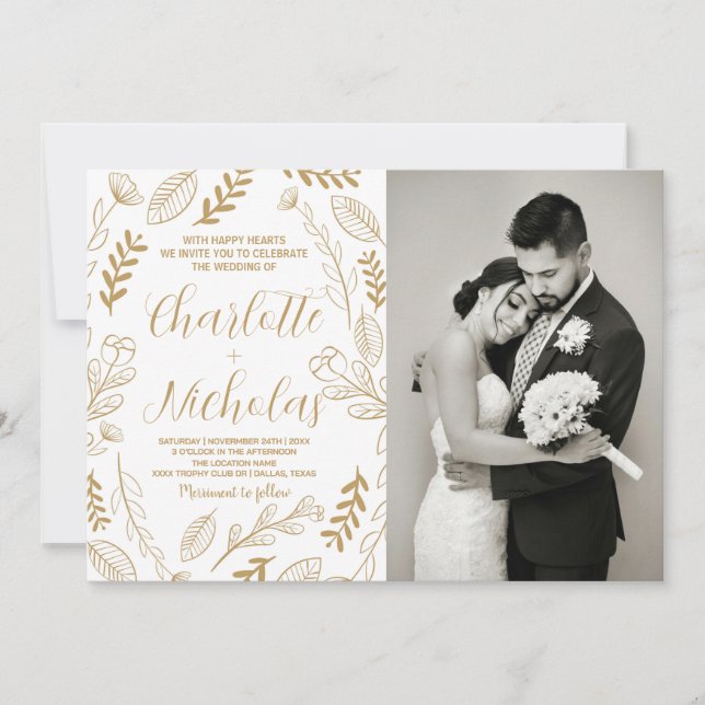 Golden Art White Wedding Invitations avec photo (Devant)
