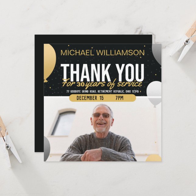 Golden Balloon Retirement Party Photo Invitation (Devant/Arrière en situation)