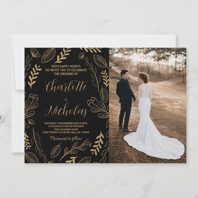 Golden Black Art Wedding Invitations avec photo (Devant)