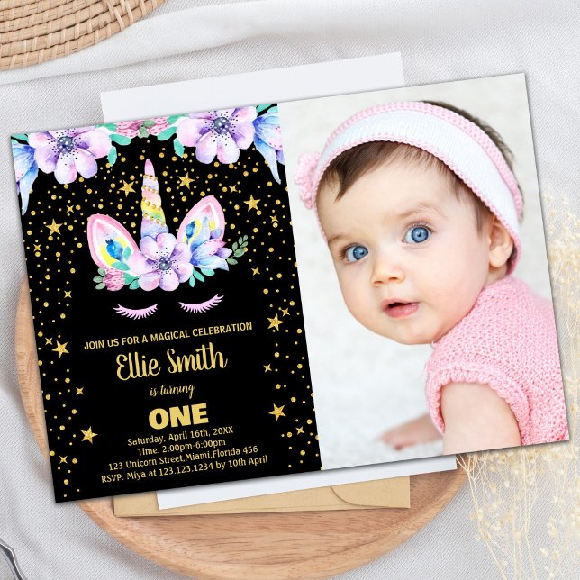Golden Black Unicorn Anniversaire Invitations avec (Golden Black Unicorn Birthday Invitations w photo)