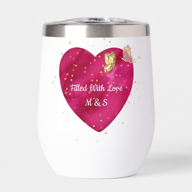 Golden Butterfly Pink Heart Valentine Wine Tumbler (Avant)