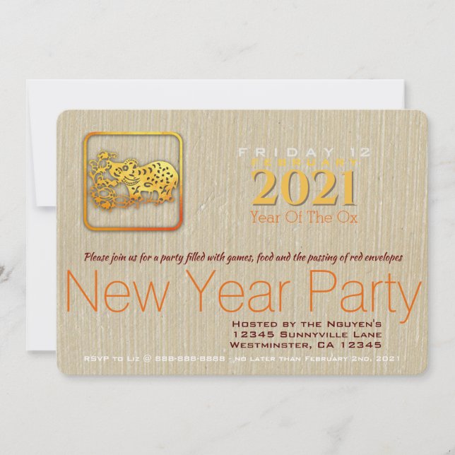 Golden Chinese Paper-cut Ox Année 2021 Party Inv (Devant)