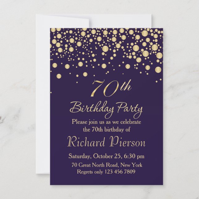 Golden confetti 70th Birthday Party Invitation (Devant)
