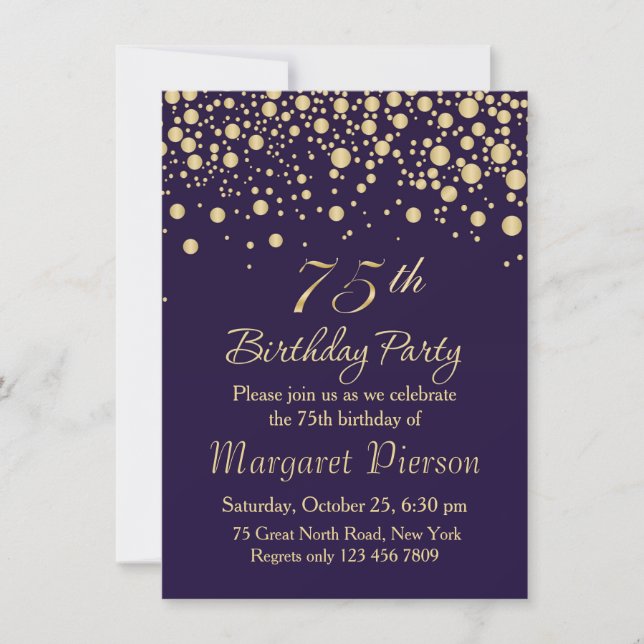 Golden confetti 75th Birthday Party Invitation (Devant)