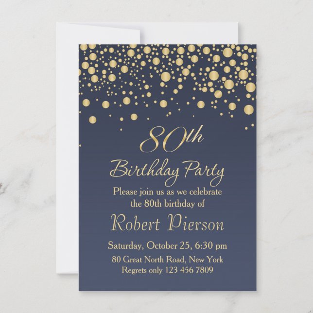 Golden confetti 80th Birthday Party Invitation (Devant)