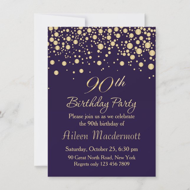 Golden confetti 90th Birthday Party Invitation (Devant)