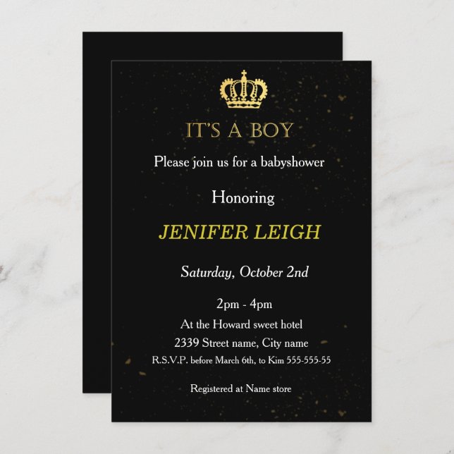 Golden Crown Baby garçon douche invitation (Devant / Derrière)