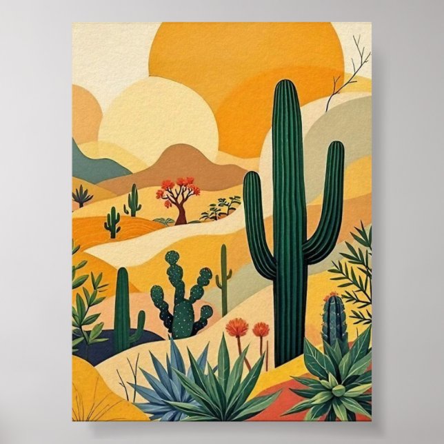 Golden Desert Cactus Sunset Paysage Art Poster (Devant)