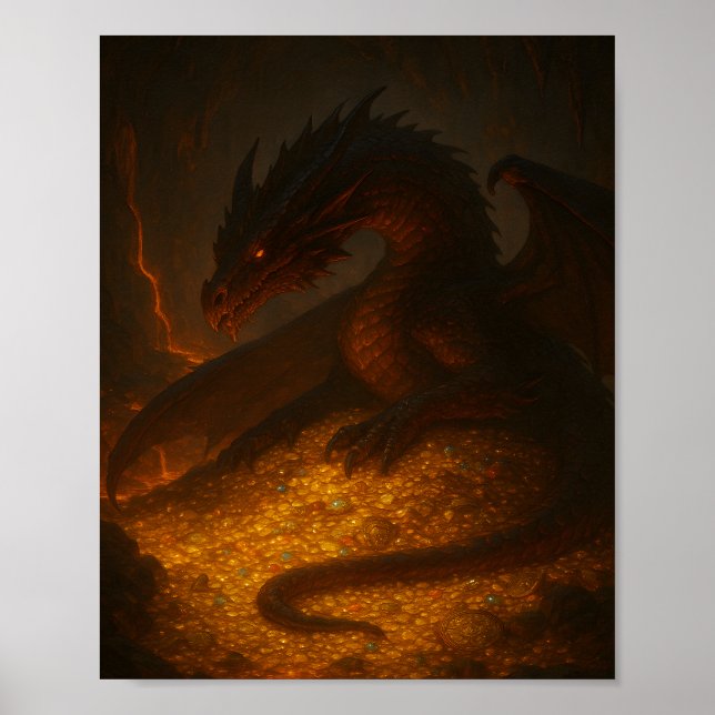 Golden Dragon Guarding Treasure Fantasy Poster (Devant)
