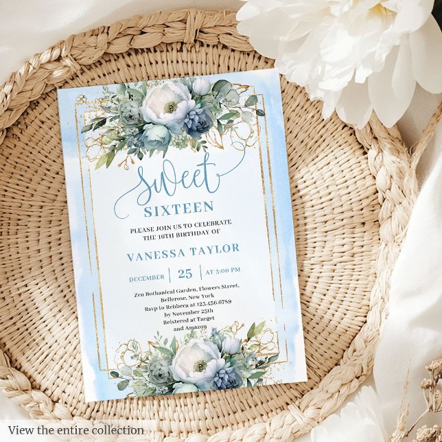 Golden Dusty Blue Blanc Floral Sweet 16 Invitation (Golden Dusty Blue White Floral Sweet 16 Invitation)