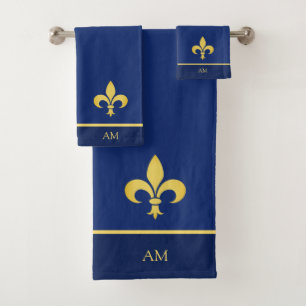 Golden Fleur de Lis & Monogram sur Navy Blue