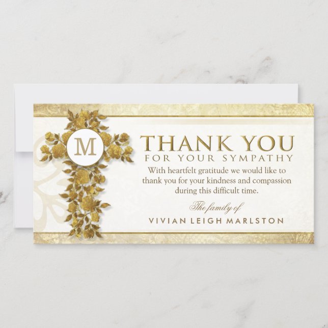 Golden Floral Croix Monogramme Merci Sympathie (Devant)