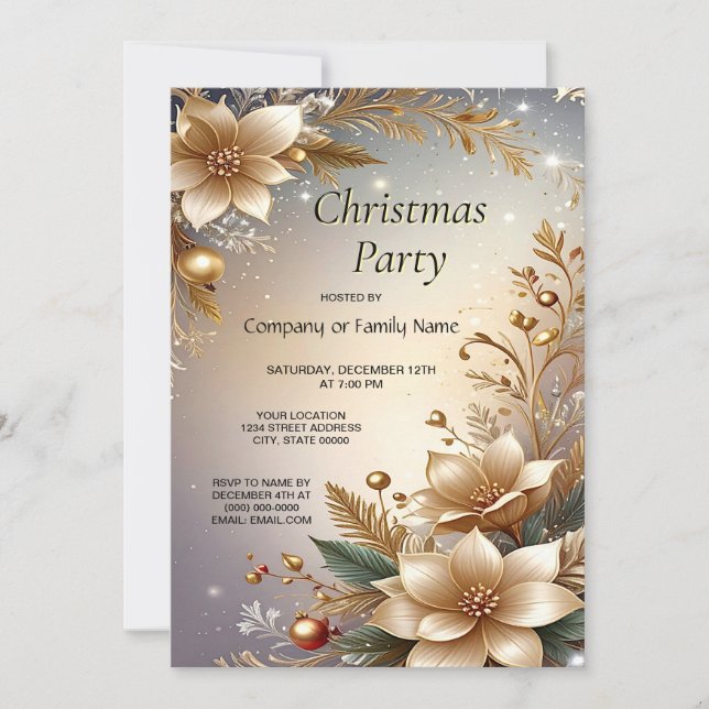 Golden Floral Holiday Party Invitation (Devant)
