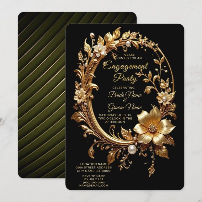 Golden Floral Ornate Frame Engagement Invitation (Devant / Derrière)