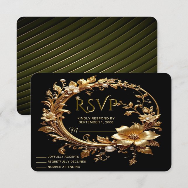 Golden Floral Ornate Frame RSVP Card (Devant / Derrière)