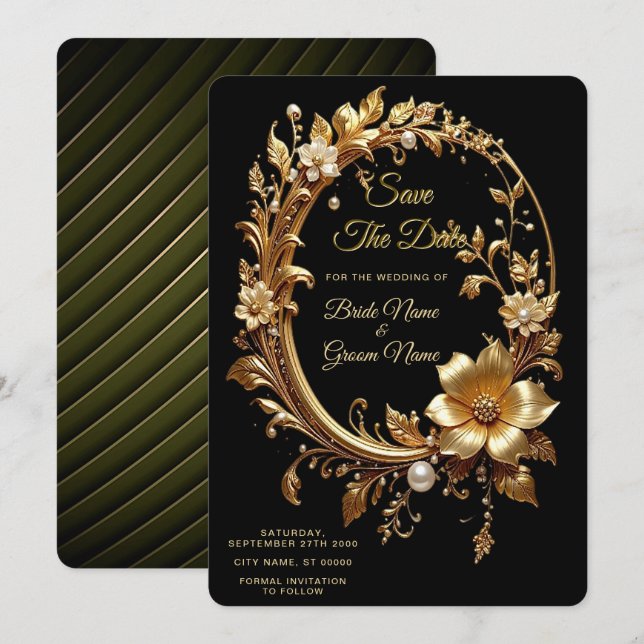 Golden Floral Ornate Frame Save The Date (Devant / Derrière)