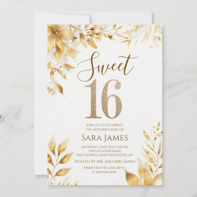 Golden Floral Sweet 16 Birthday Invitation (Devant)
