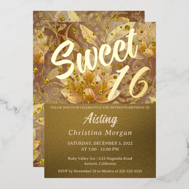 Golden Floral Sweet 16 Invitation Foil Invitation (Recto/Verso)