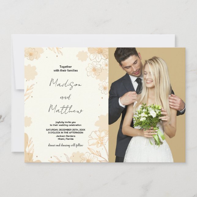 Golden Floral Wedding Invitations avec photo (Devant)