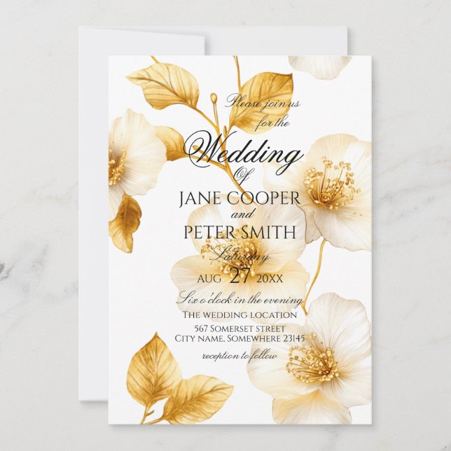 Golden flowers floral Wedding Invitation (Devant)